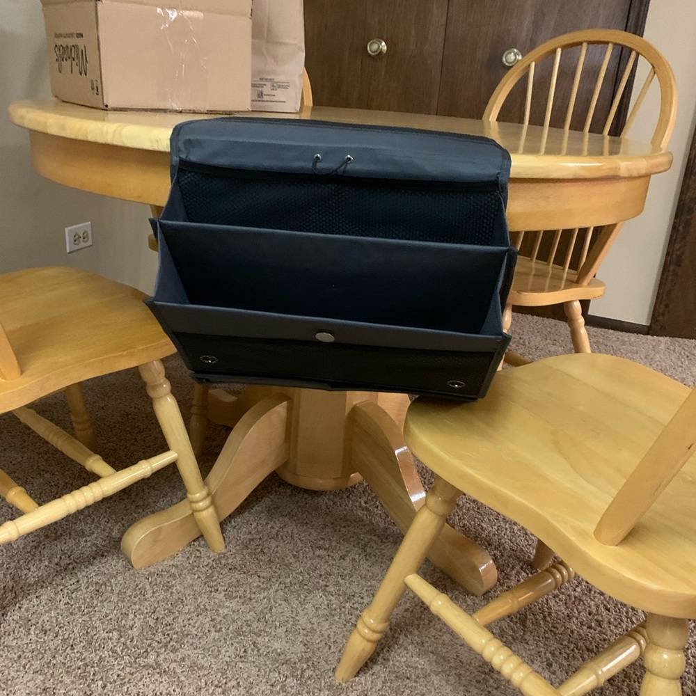 Grey side bed organizer tray with charger port